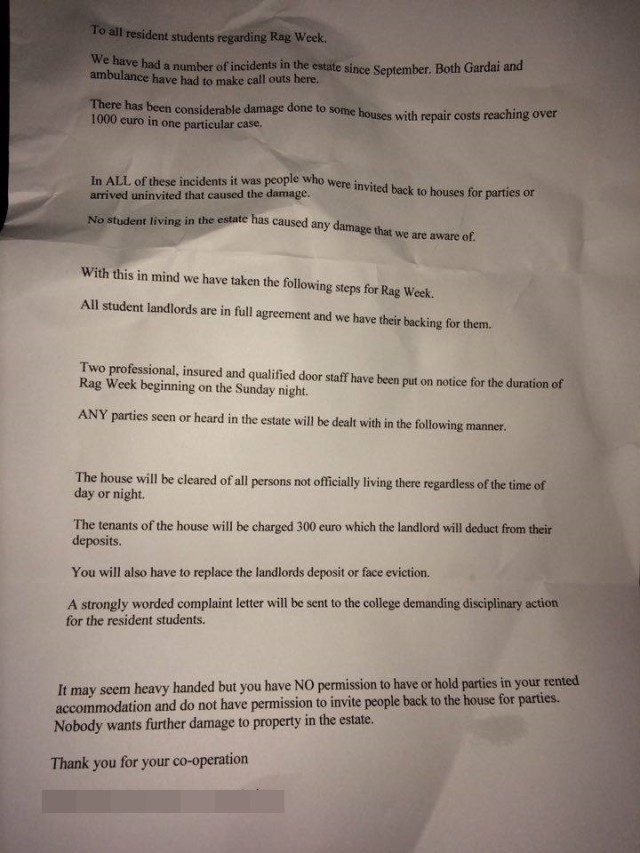 This letter went out to students in a Carlow housing estate ahead of RAG week