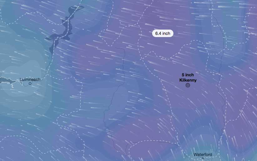 Map of snowfall across Kilkenny, Carlow, Laois for Thursday