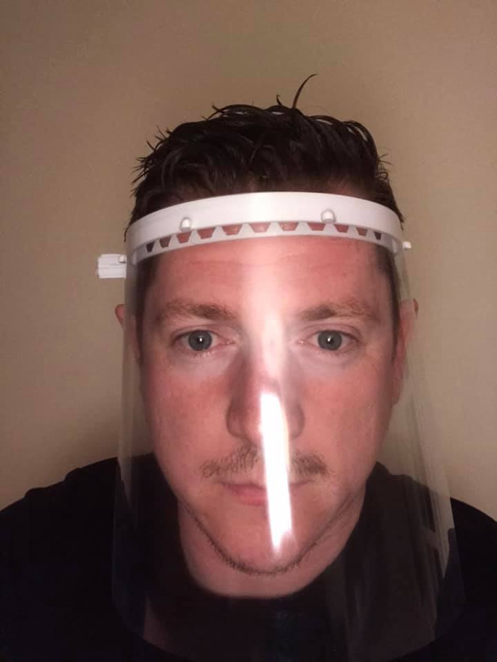 Paddy Brennan wearing one of his 3d-printed face shields