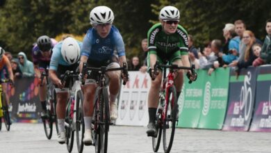 Kaia Schmid and Team Ireland’s Mia Griffin sprinting home on The Parade in front of Kilkenny Castle for the final stage in Kilkenny in 2021.