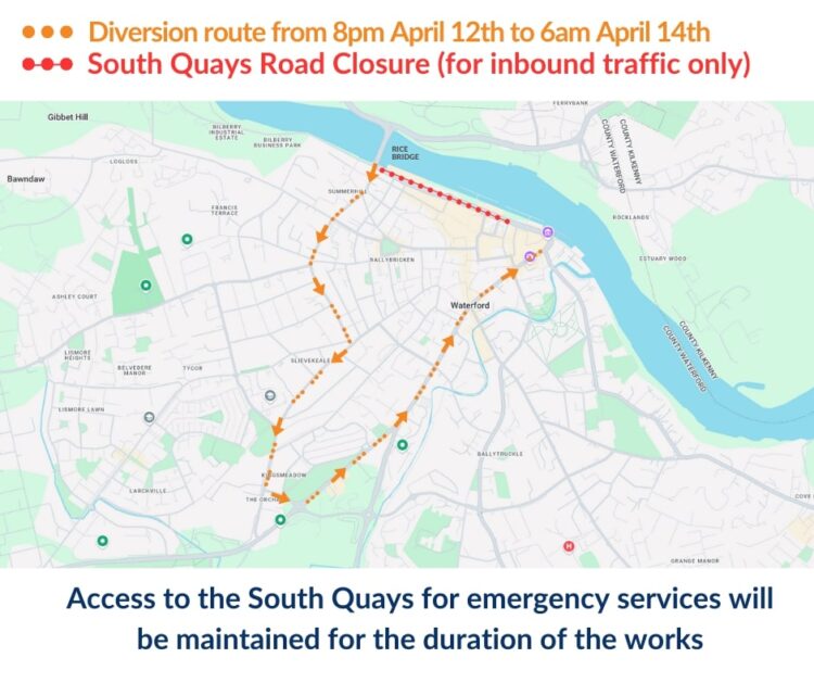 South Quays in Waterford City to close to inbound traffic for works over the coming days