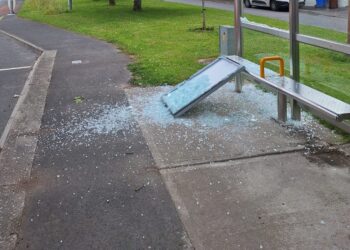 Shattered glass from bus shelter on outskirts of Kilkenny city