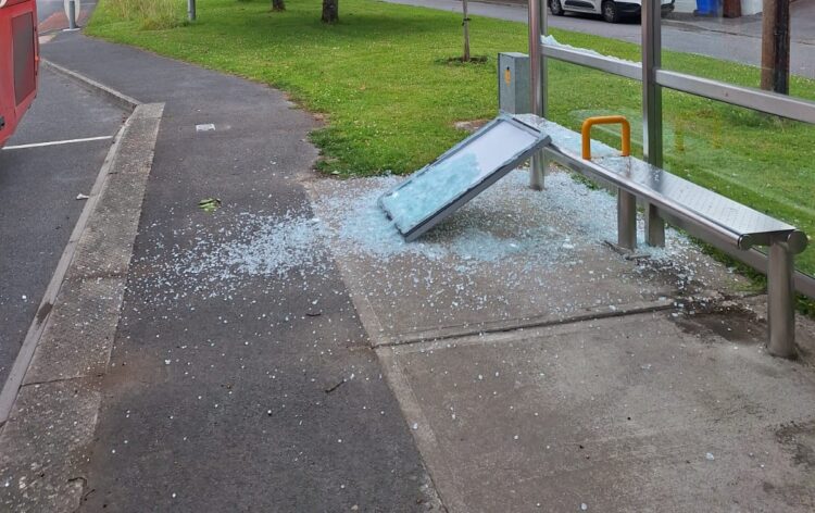 Shattered glass from bus shelter on outskirts of Kilkenny city
